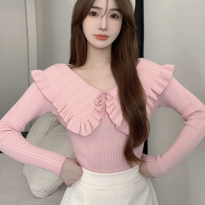 Áo dệt kim tay dài viền lá sen trễ vai thời trang thu đông cho nữ