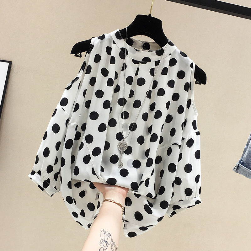 Áo Sơ Mi Chiffon Tay Lỡ Hở Vai Họa Tiết Chấm Bi Trắng/Đen Thời Trang Cho Nữ Size M-4XL