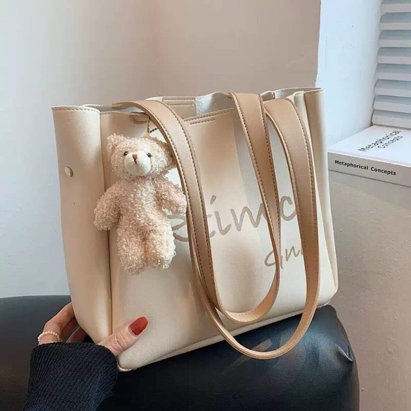 Túi tote công sở hoạ tiết chữ đeo vai kiểu hàn quốc tặng kèm gấu treo size to
