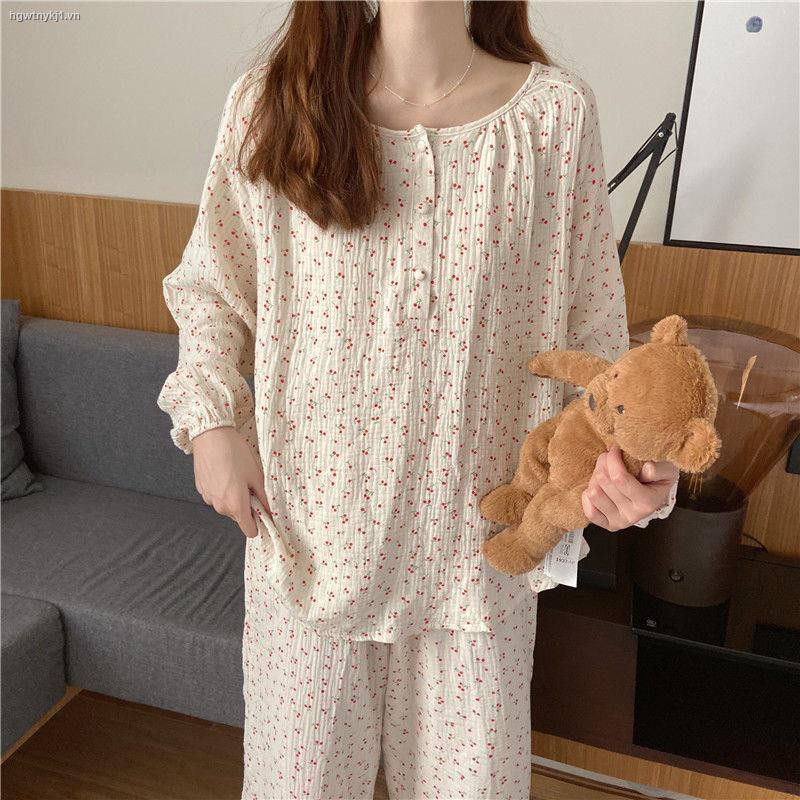 Bộ đồ ngủ tay dài chất liệu cotton phong cách Nhật Bản thời trang cho nữ