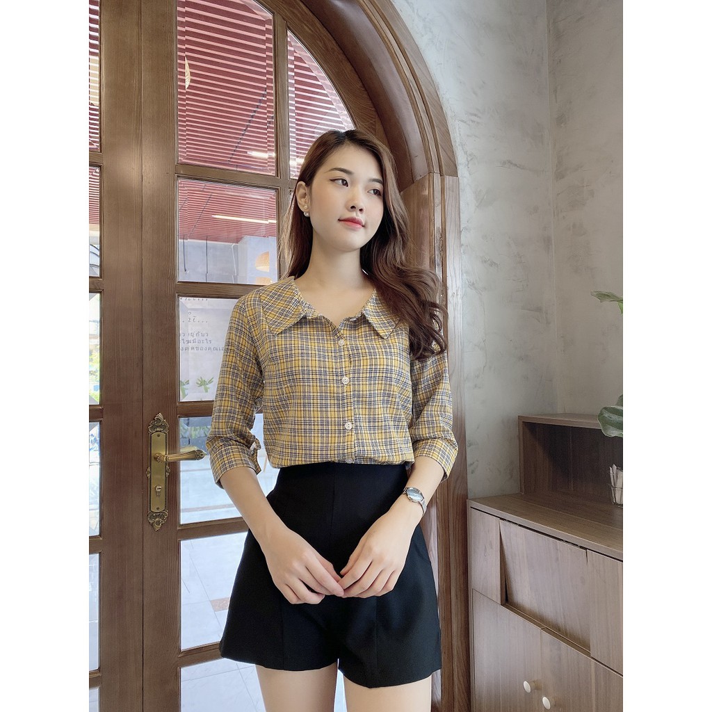 Áo Sơ Mi Nữ Caro Vàng Cam, Áo Công Sở Thời Trang, Áo Nữ Đẹp Phong Cách Vintage, Liin clothing