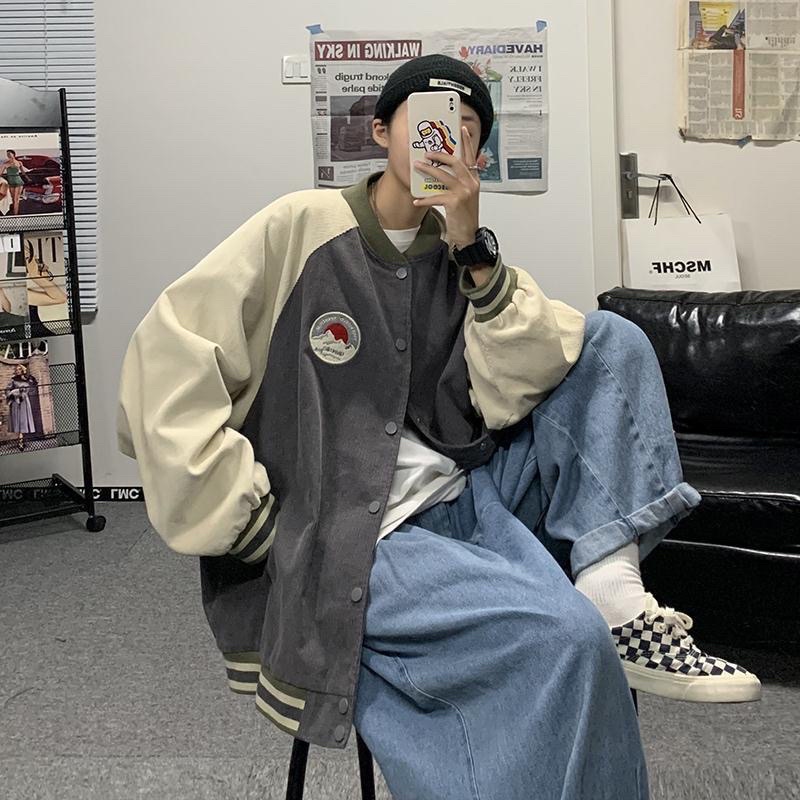 Áo khoác bomber varsity jacket nam nữ in logo chất len tăm màu xám, nâu cổ điển