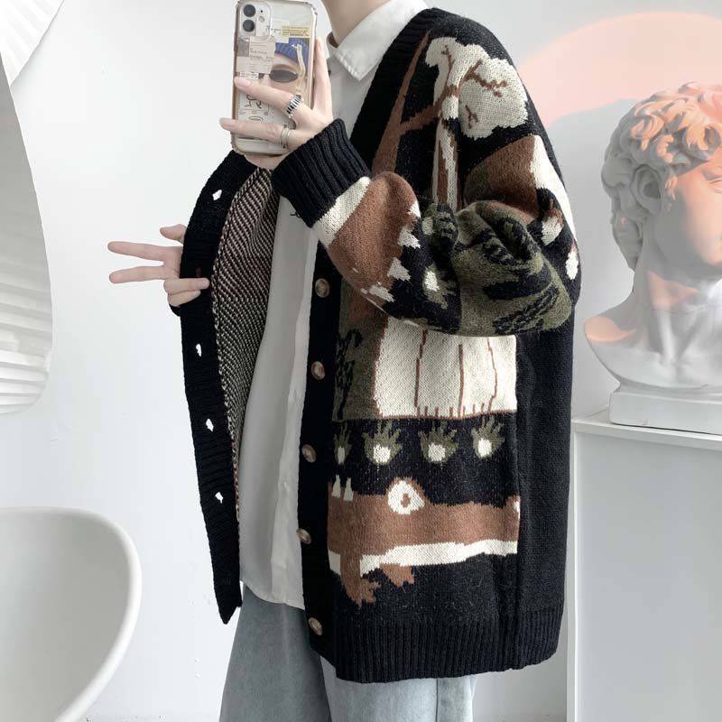 Áo Khoác Cardigan Dệt Kim Cổ Chữ v Dáng Rộng Phong Cách Hong Kong Retro Nhật Bản Cho Cặp Đôi