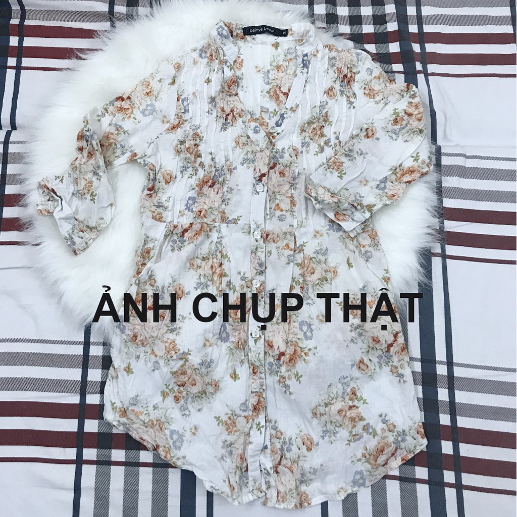 Áo sơ mi nữ hoa nhí cổ V tay lửng vạt dài size S chất lanh - ẢNH CHỤP THẬT