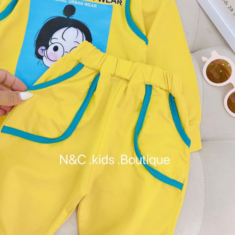 Đồ bộ thu đông cho bé chạy viền phối cá tính Set cotton dài tay hình cô gái cho bé 1 2 3 4 5 6 tuổi