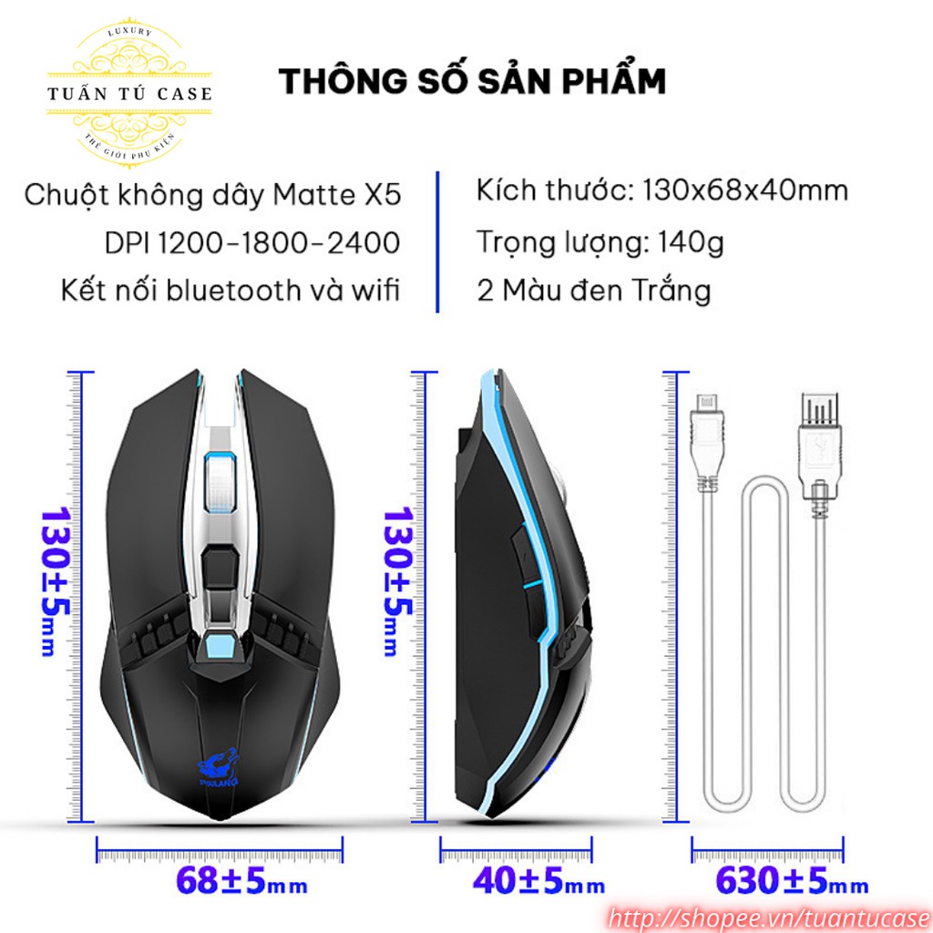 Chuột Bluetooth Gaming X5 chính hãng Free Wolf kết nối không dây có đèn Led 6 màu - Thiết kế đỉnh cao