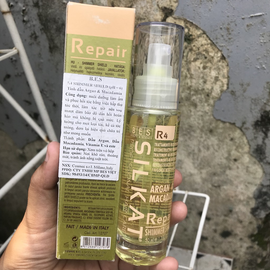 Tinh dầu xịt dưỡng Argan &amp; Macadamia Bes Hergen Silkat Repair R4 Shimmer Shield