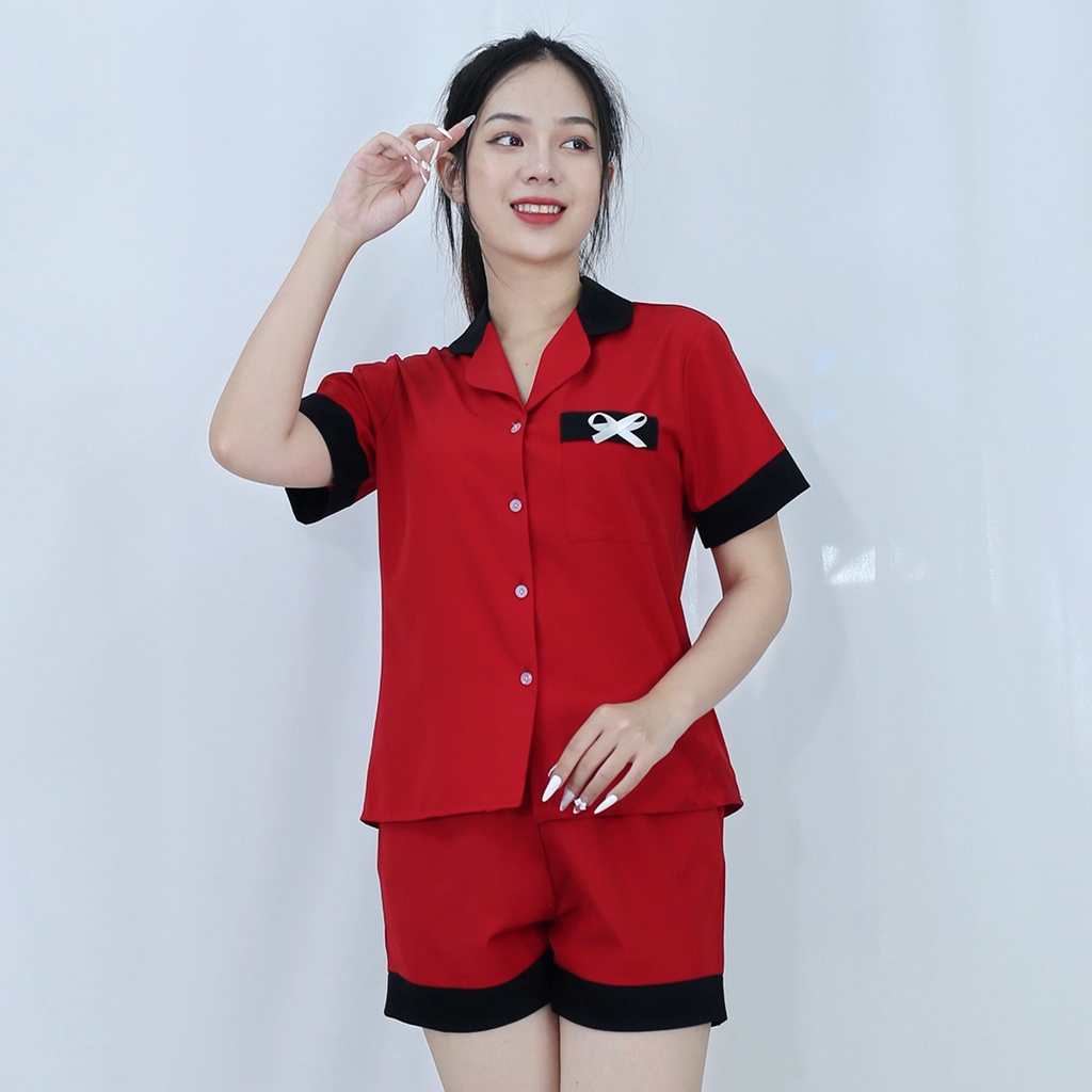 Bộ đồ bộ Pijama NGẮN ĐỎ ĐÔ PHA CỔ ĐEN ĐIỂM NHẤN NƠ TÚI CỰC XINH vải  lụa cao cấp -  Thoải Mái Nhẹ Nhàng