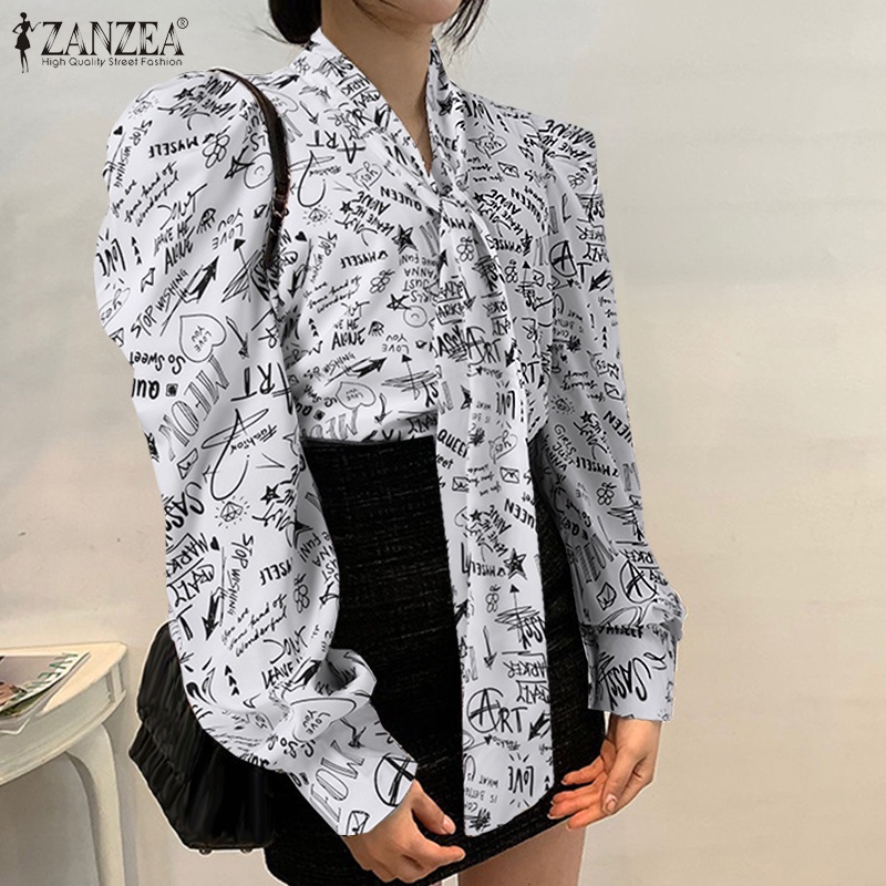 Áo kiểu ZANZEA tay dài cổ tròn gài khuy họa tiết thời trang dành cho bạn nữ