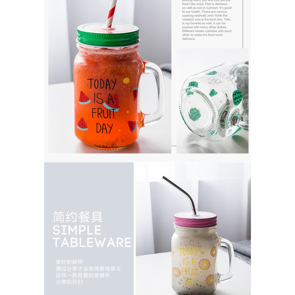 Cốc thủy tinh có nắp kèm ống hút, cốc thủy tinh có quai cầm dung tích 450ml | BigBuy360 - bigbuy360.vn