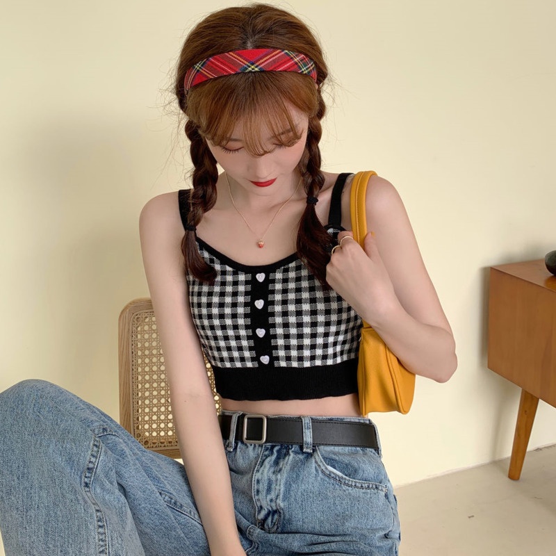 Áo Vest Dệt Kim Kẻ Caro Ngọt Ngào 175288 Áo Croptop Hai Dây Gợi Cảm Xinh Xắn Dành Cho Nữ