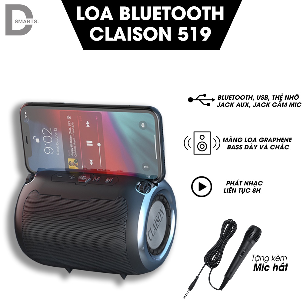 Loa Bluetooth 5.0 Claison 519 Hỗ Trợ Thẻ Micro SD &amp; USB &amp; AUX 1 Loa TREBLE + 2 Loa BASS Tặng Micro Hát Karaoke