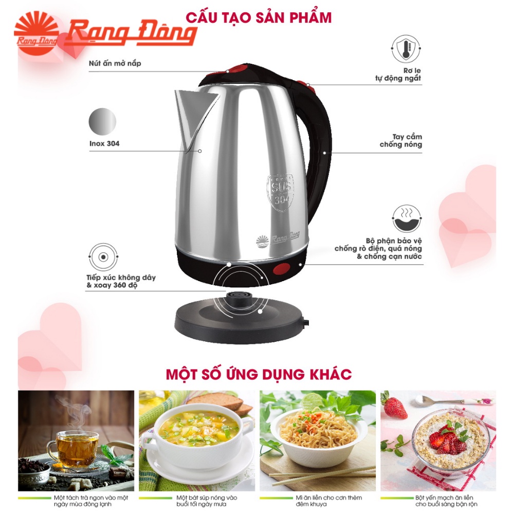 Ấm Điện Siêu Tốc Rạng Đông RD-AST18ST2  FREESHIP  Bình Siêu Tốc 1.8L , Công Suất 1500W , Inox 304 cao cấp