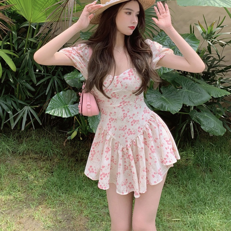Beryl🌻Đầm🌼ngắn tay áo váy hoa ngọt ngào phụ nữ một mảnh hàn quốc gợi cảm mini Đầm
