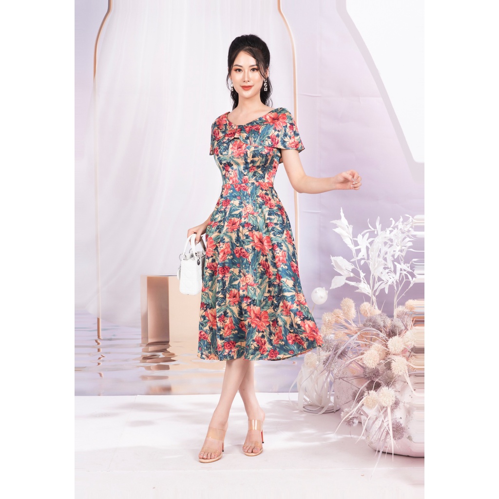 Đầm EMY EM6693 Midi Xoè Cổ V Vai Choàng Có Túi