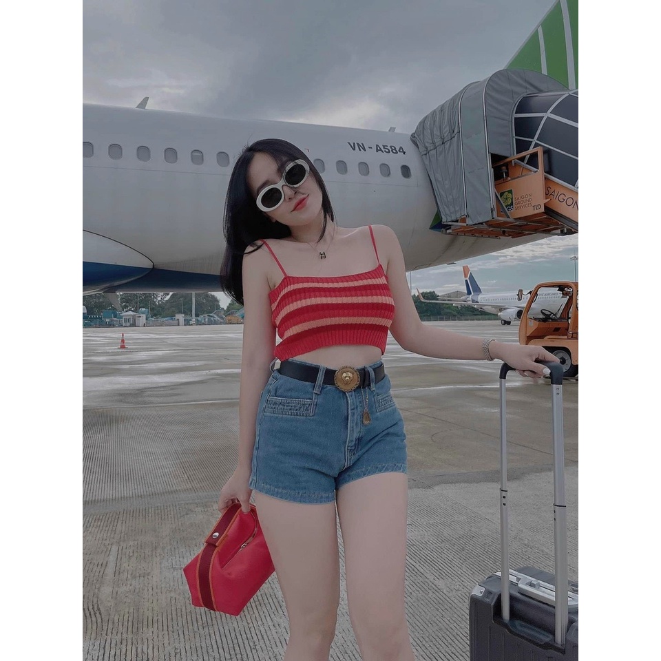 Áo len 2 dây croptop kẻ sắc màu