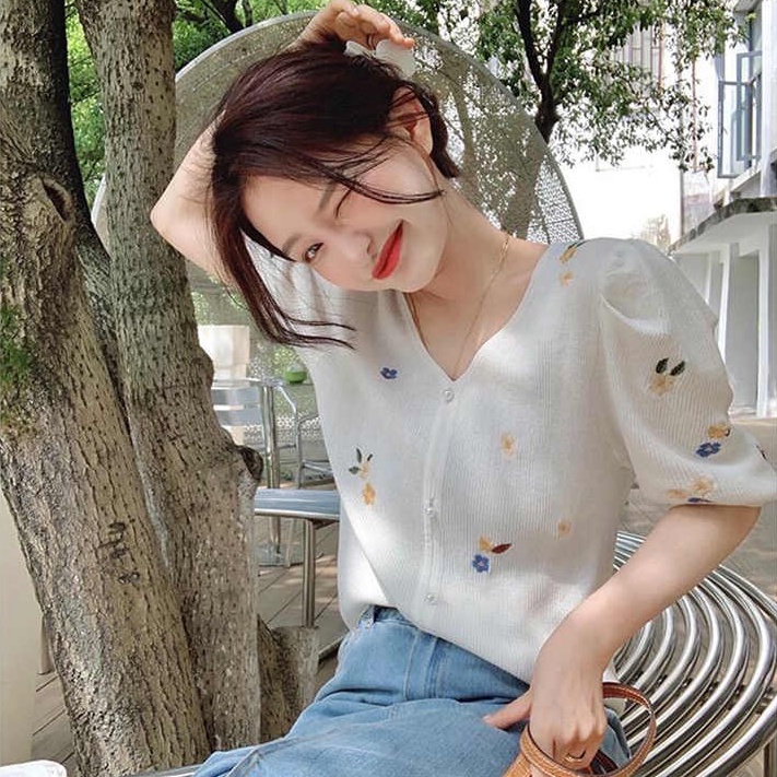 Áo Dệt Kim Cổ Chữ V Thêu Họa Tiết Phong Cách Pháp Thời Trang Mùa Hè Xinh Xắn Cho Nữ