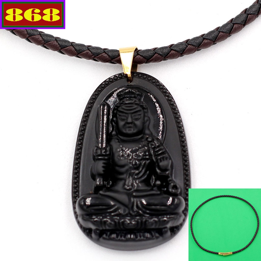 Vòng cổ dây da Phật Bất động minh vương - Hộ mệnh tuổi Dậu - Đá đen 5 cm DDNEBTAEN1