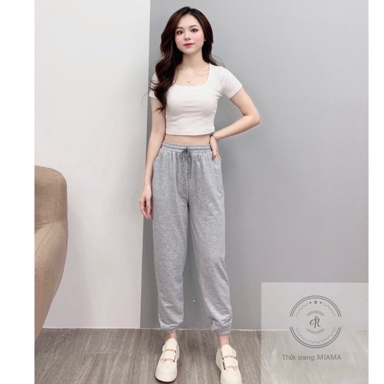 Quần jogger nữ ống rộng cạp chun dây rút chất da cá dáng dài thể thao - Quần nỉ ống suông nữ bo gấu màu xám đen xuất xịn