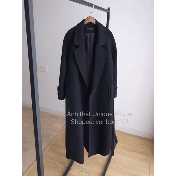 Áo khoác dạ màu đen dáng dài qua gối kèm thắt lưng cổ vest Ulzzang siêu sang chảnh