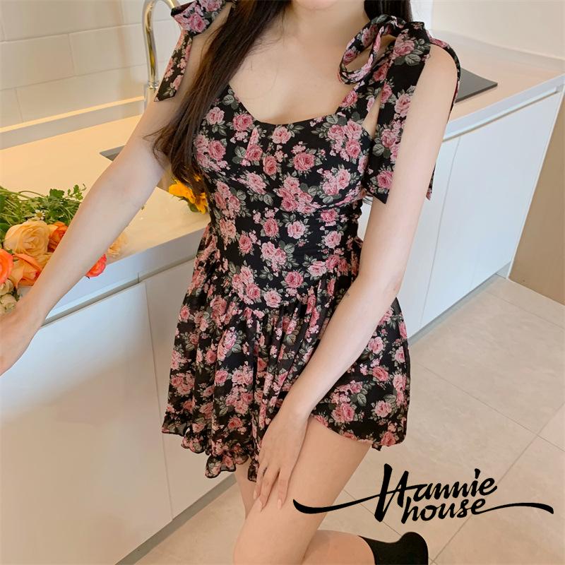 Đầm mini hai dây không tay in họa tiết hoa phối diềm xếp nếp dành cho nữ