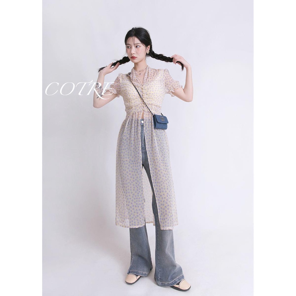 Áo Sơ Mi Chiffon Dáng Dài Họa Tiết Hoa Phong Cách Pháp Màu Trong Suốt Thời Trang Mùa Hè Dành Cho Nữ 2022