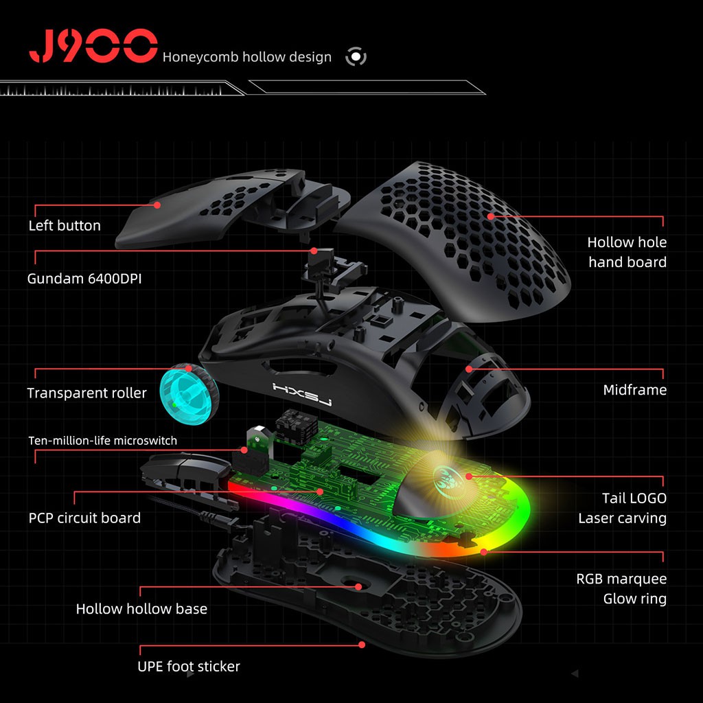 Chuột chơi Game HXJS J900 RGB Lead đổi màu Bề Mặt Lưới Xuyên Thấu Cực Đẹp DPI 6400 chuyên giành cho Game thủ