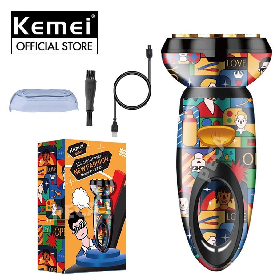Máy cạo râu lưỡi kép 4D KEMEI KM-RS503 vỏ bọc sang trọng màu sắc TREND GRAFFITI phiên bản mini cá tính, dùng sạc USB