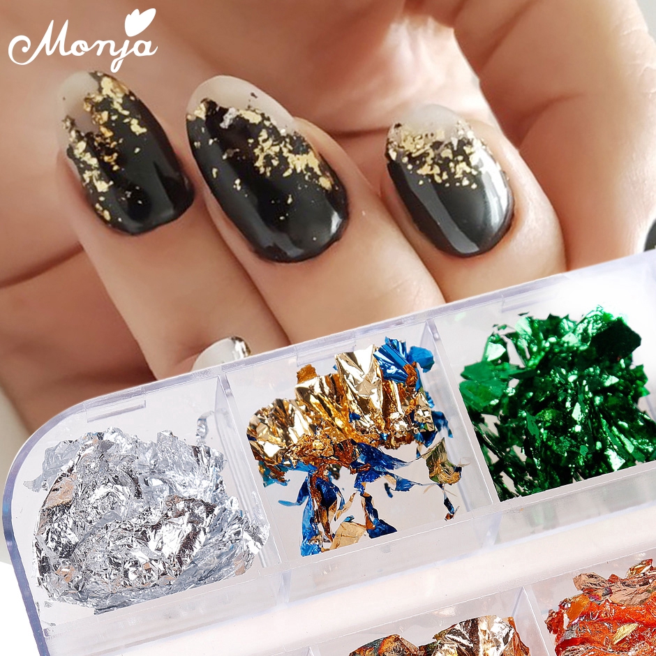MONJA Hộp Lá Nhôm 12 Ô Nhiều Màu Trang Trí Móng Tay Nghệ Thuật