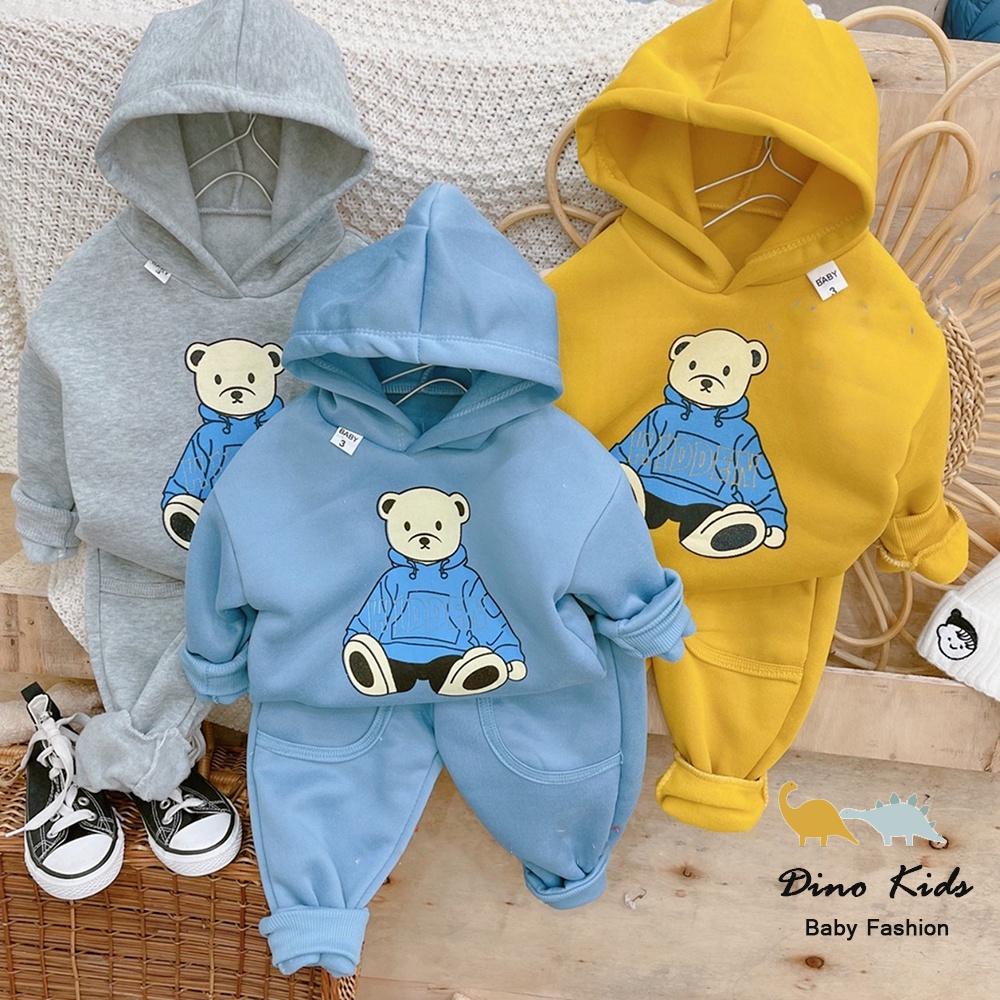 Bộ nỉ bông bé trai bé gái, bộ nỉ bông áo hoodie hình chú gấu Po.lo dễ thương cho bé