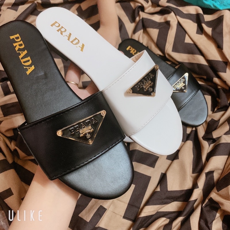 Dép Lê nữ đế bệt Quai Ngang Tag PRADA 2 màu đen trắng