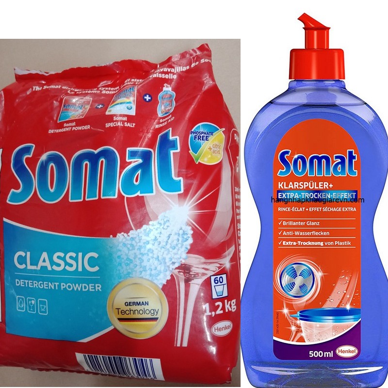 Bộ bột rửa bát Somat 1,2kg+ muối rửa bát Somat 1,2kg +nước làm bóng somat 50ml