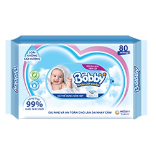{ Xã Kho /Giảm 40%} Khăn Ướt Bobby Không Mùi Gói 80 Miếng (Nắp Nhựa /Không Nắp)