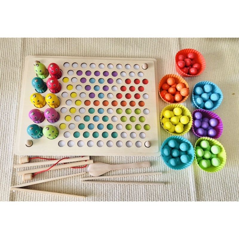 Bộ gắp hạt gỗ montessori 3 trong 1 câu cá lật hình thông minh cho bé