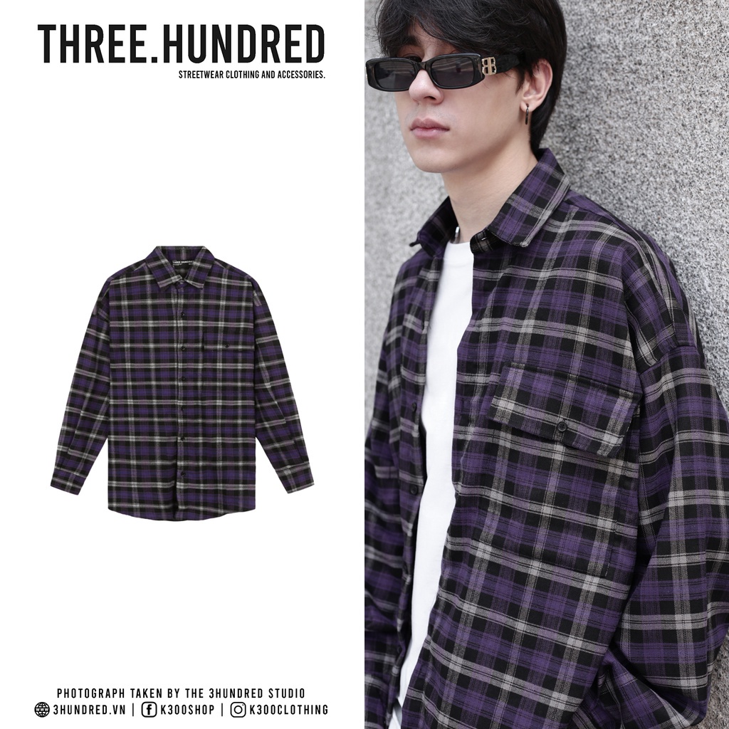 ☁☁❡Áo Sơ Mi Flannel Màu Tím Sọc Đen Trắng Form Rộng Thoải Mái Chất Liệu Cotton Thoáng Mát Phong Cách Đường Phố *