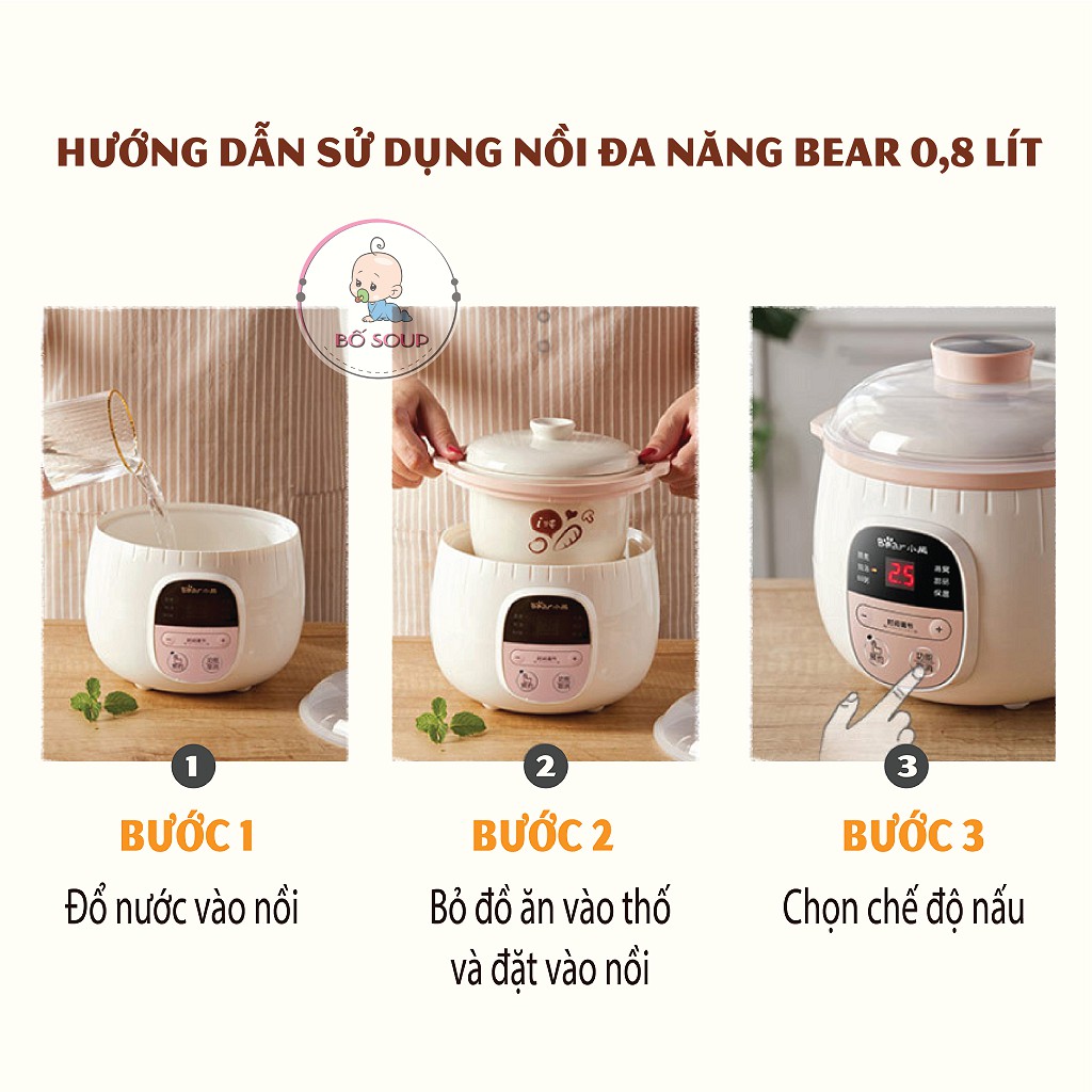 Nồi Nấu Cháo Chậm Bear 0,8L Bản Quốc Tế Có Lồng Hấp Shop Bố Soup