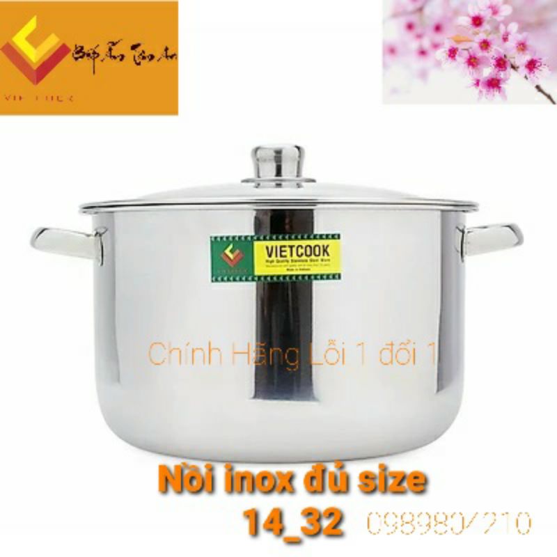 Nồi inox Vietcook đun từ đủ size 14,16,18,20,22,24,26,28,30,32,Nồi đun bếp từ,nồi luộc gà ,xào nấu canh hàng dày