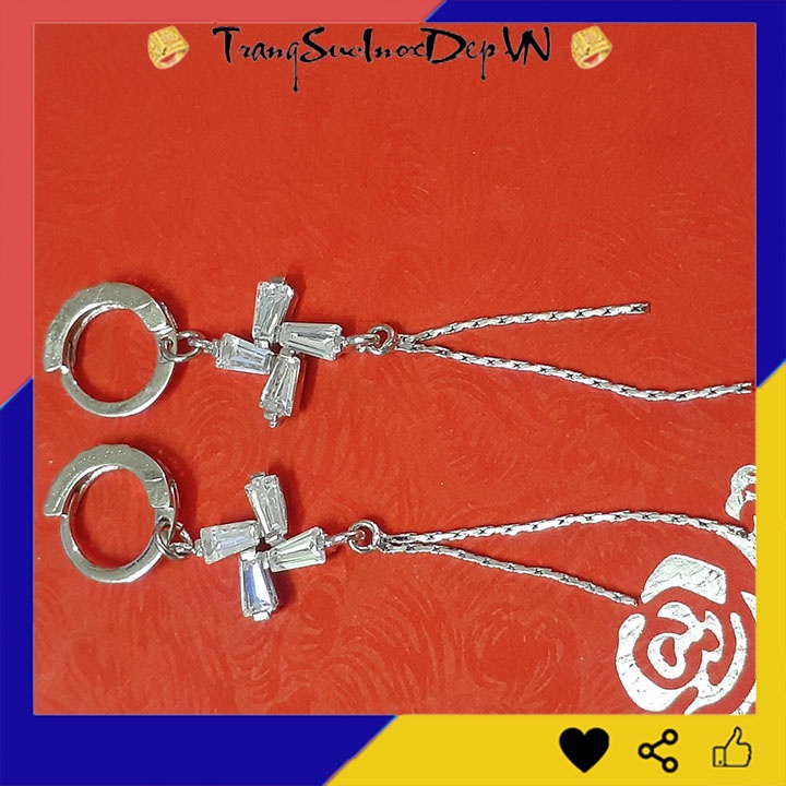 Bông tai nữ tòn ten cỏ 4 lá đính đá rớt tua phong cách Hàn Quốc sáng đẹp, dễ phối đồ