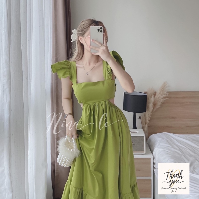 Váy thô maxi nữ nơ lưng tay cánh tiên form dáng xuông - Đầm maxi nơ tay hở lưng cho nữ