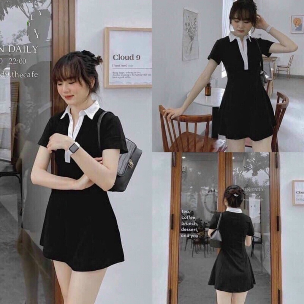 Đầm Polo Body Dáng A Đen Phối Cổ Trắng