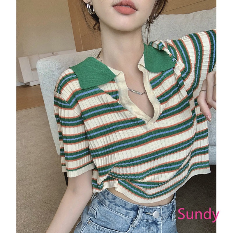 Áo Sơ Mi Dệt Kim Cổ Polo Họa Tiết Kẻ Sọc Thời Trang Mùa Hè Có Size Lớn Cho Nữ