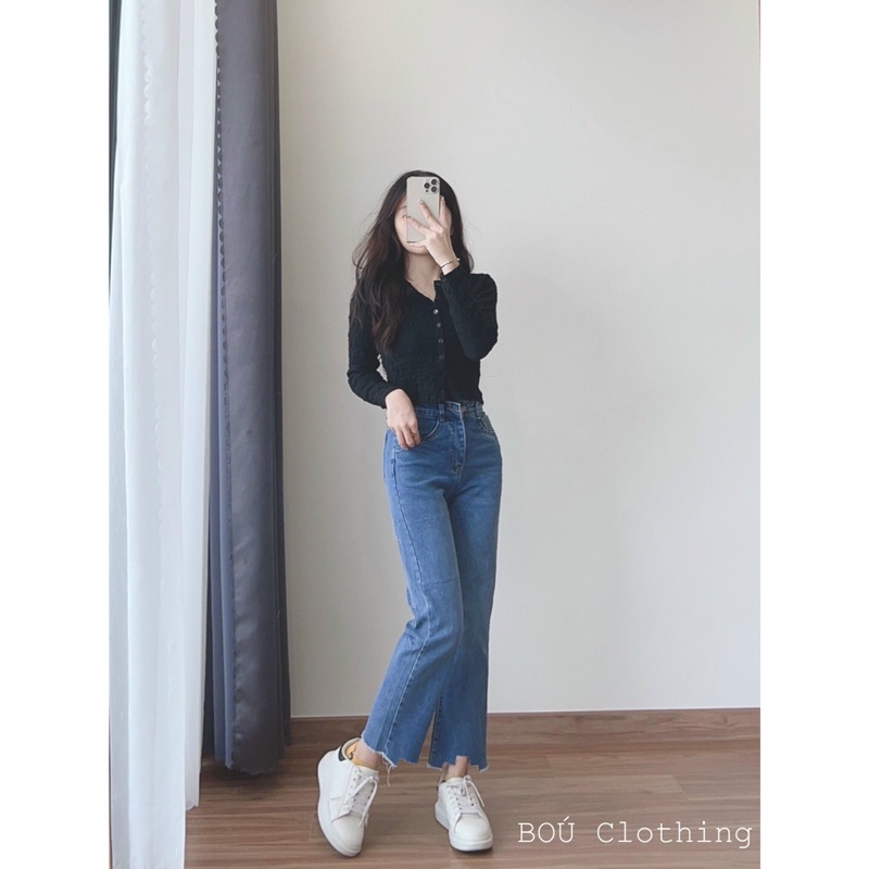 Áo croptop nhún tay dài 2 màu xu hướng (Ảnh thật)