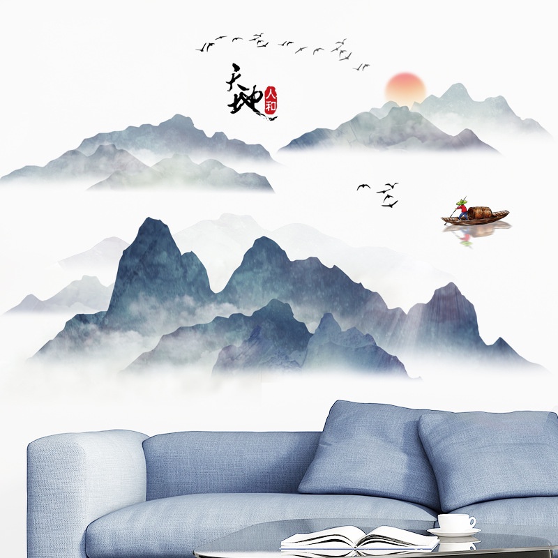 Tranh dán tường 3D cảnh sông núi phong cách Trung Hoa KT 120x65cm, DECAL trang trí siêu rẻ
