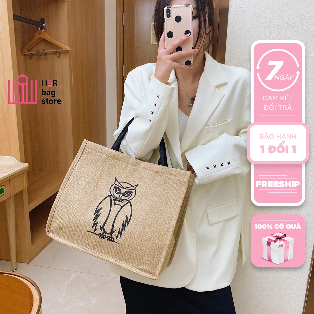 Túi cói họa tiết cú dễ thương phong cách đi biển