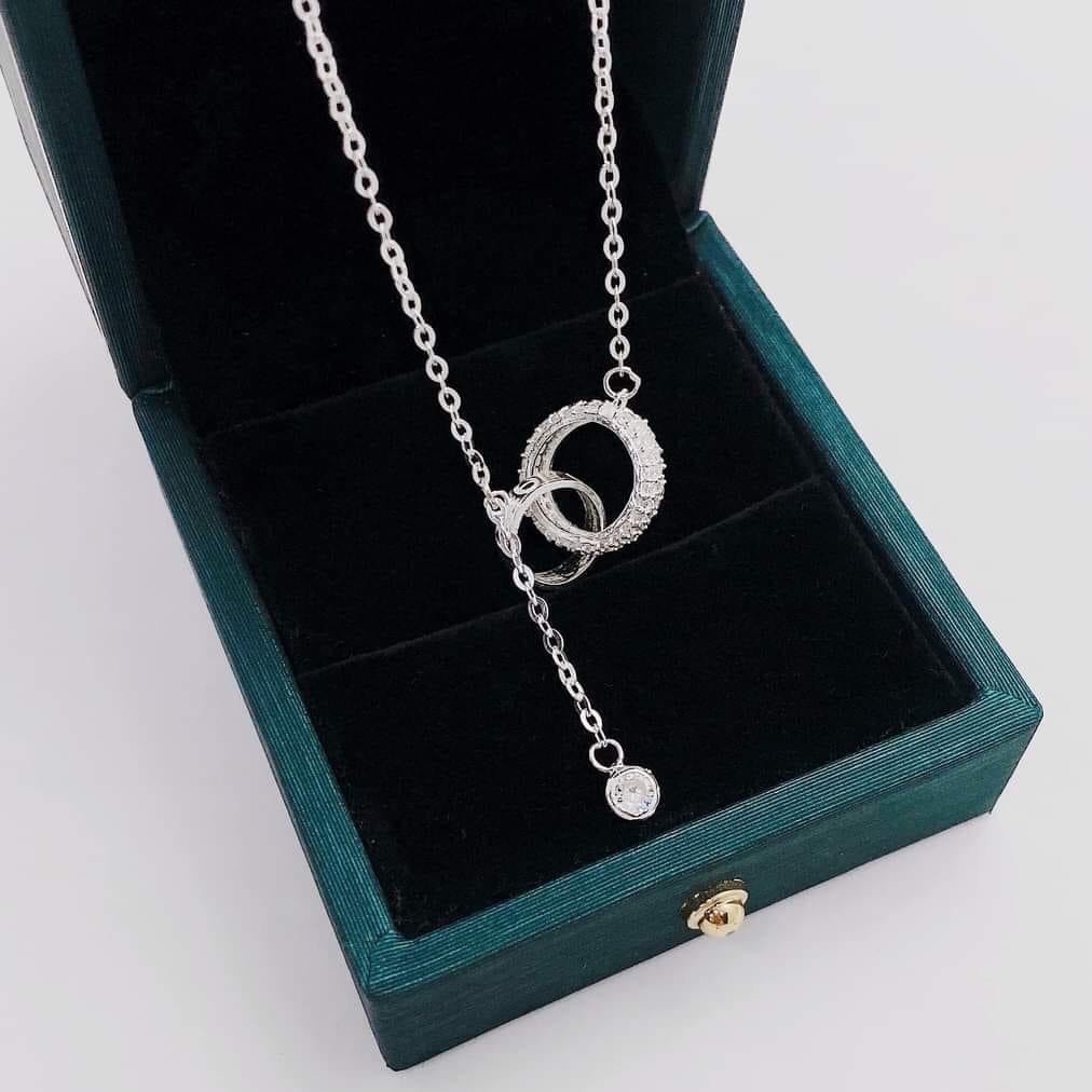 Dây chuyền bạc nữ Evasilver mặt nhẫn đính đá lồng hình tròn, Vòng cổ chất liệu bạc ta, ảnh thật