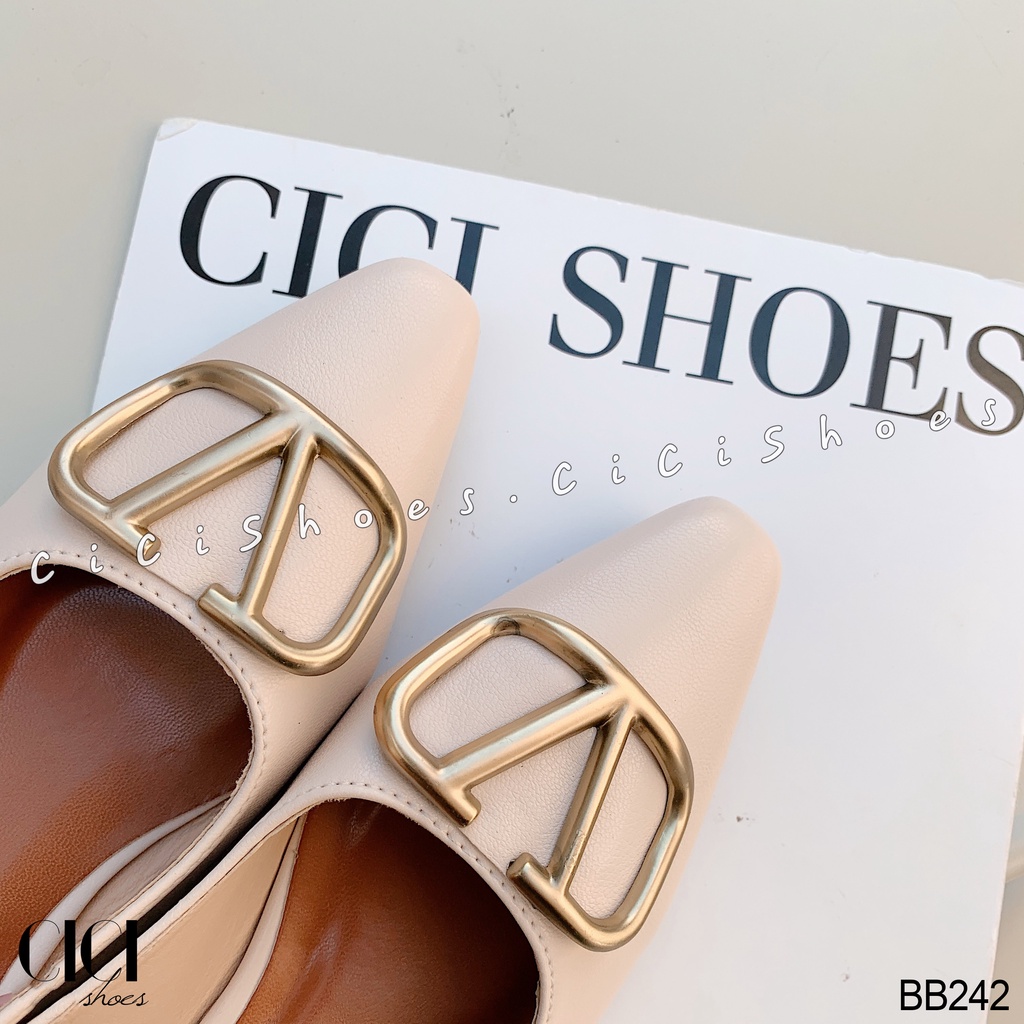 Giày búp bê nữ CiCi Shoes gót hở, giầy da lì khoá V đồng slingback 1cm - BB242