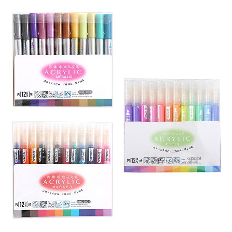 Bộ bút marker acrylic 12 màu dùng cho vẽ tranh vải bạt gỗ cốc gốm sứ đá kiếng