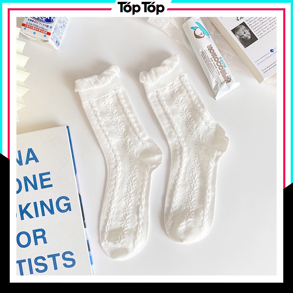 Tất nữ cổ cao họa tiết trắng tinh khôi, vớ nữ cổ cao nhiều mẫu