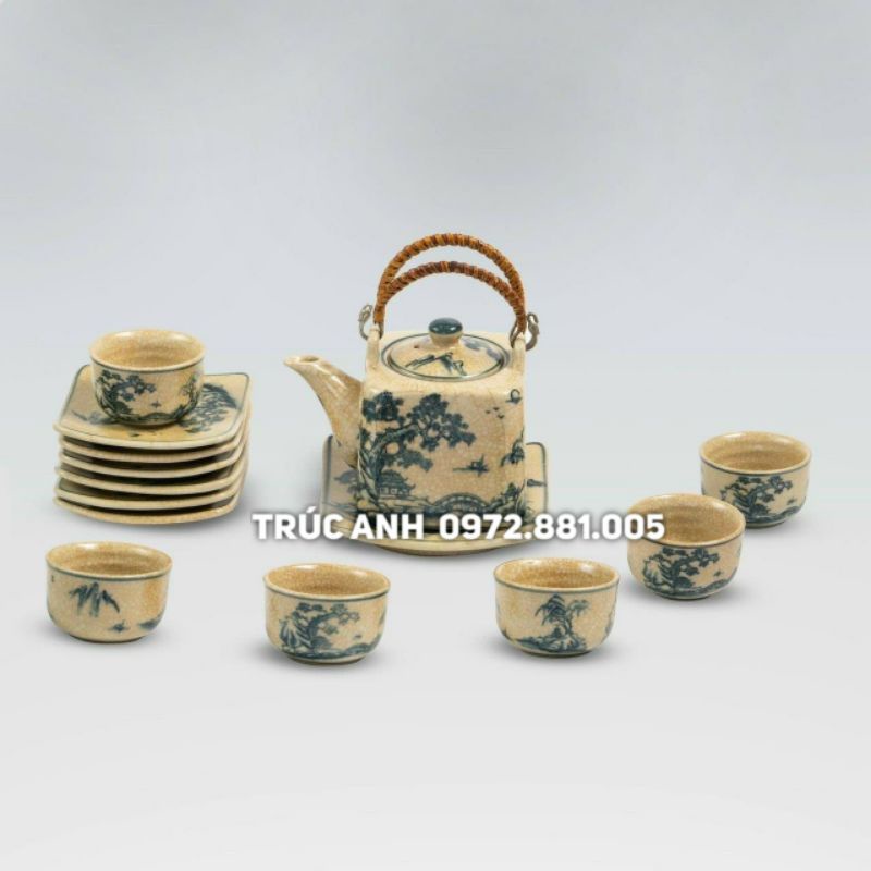 Bộ ấm chén men rạn cổ dáng Vuông , ấm pha Trà Bát Tràng