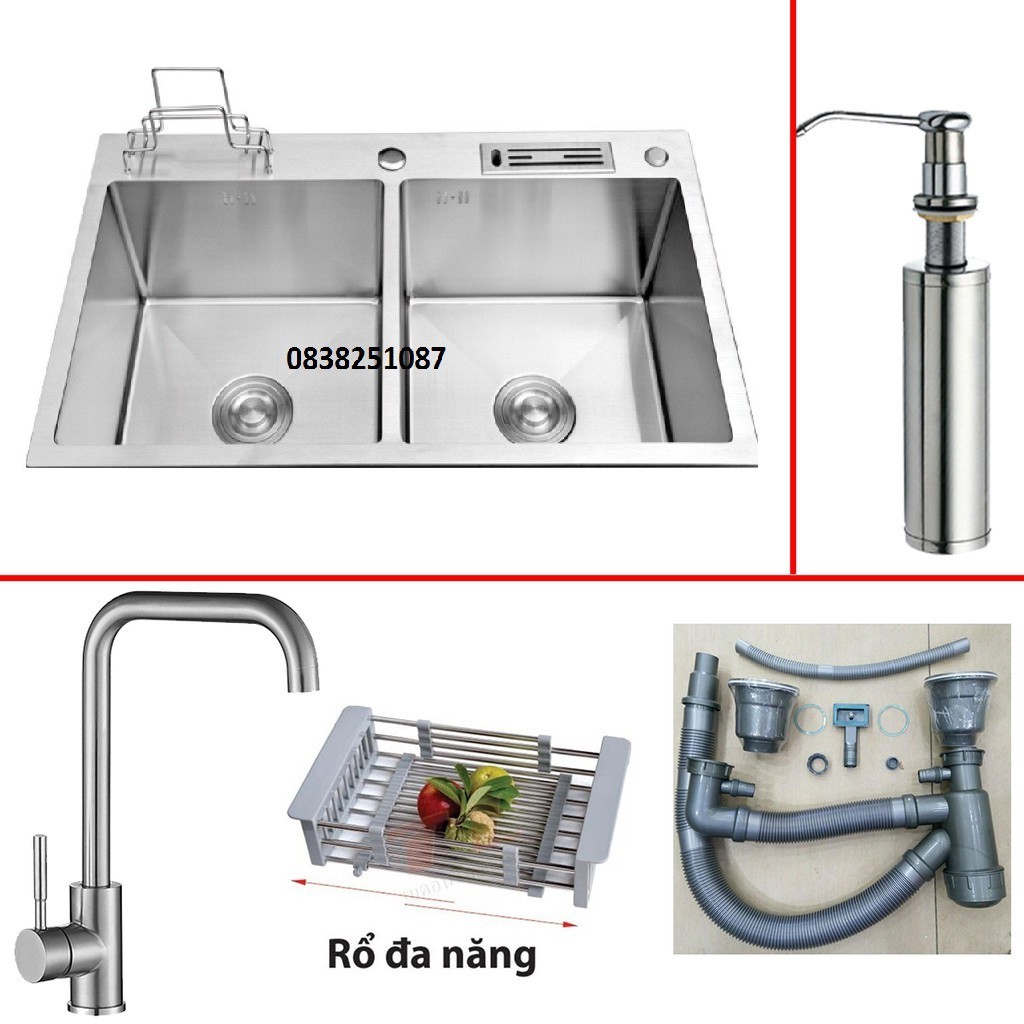 Chậu rửa chén đúc inox 304 đúc cao cấp đa năng kt 8245 có cài dao, gác thớt